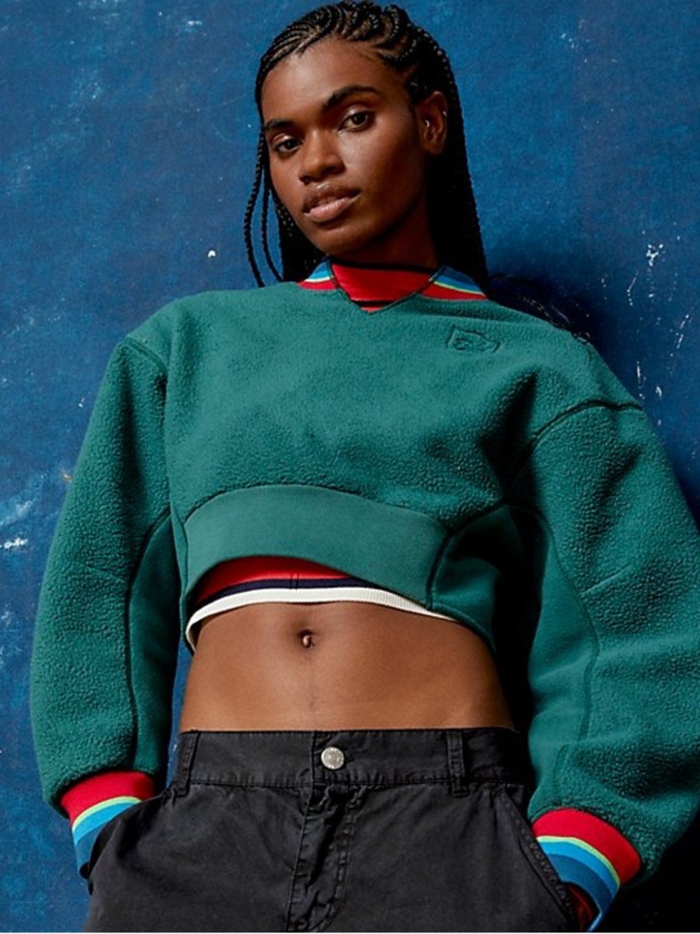 BDG Green Cropped Fleece Pullover with Red & Blue Trim
